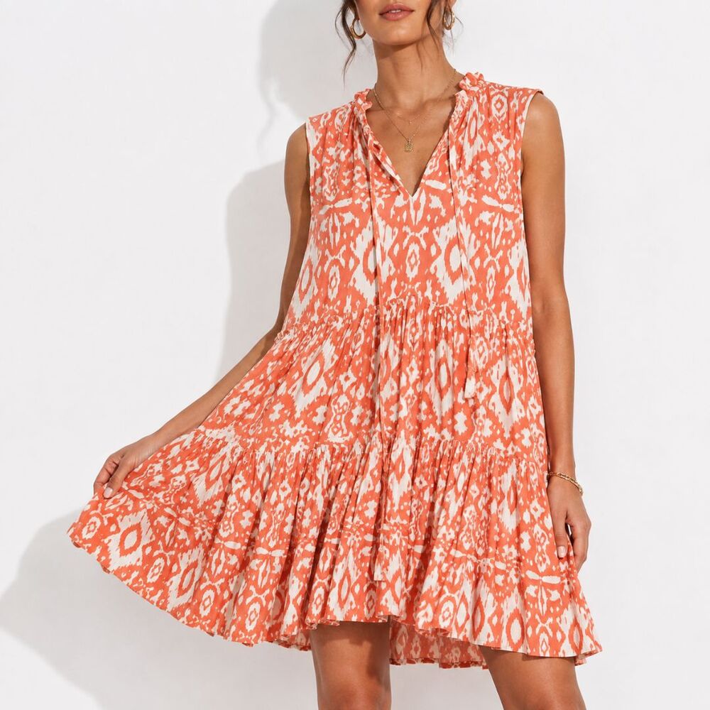 BB Dakota Coral Ikat Tiered Swing Dress Sleeveless Boho Mini Dress Size S V Neck